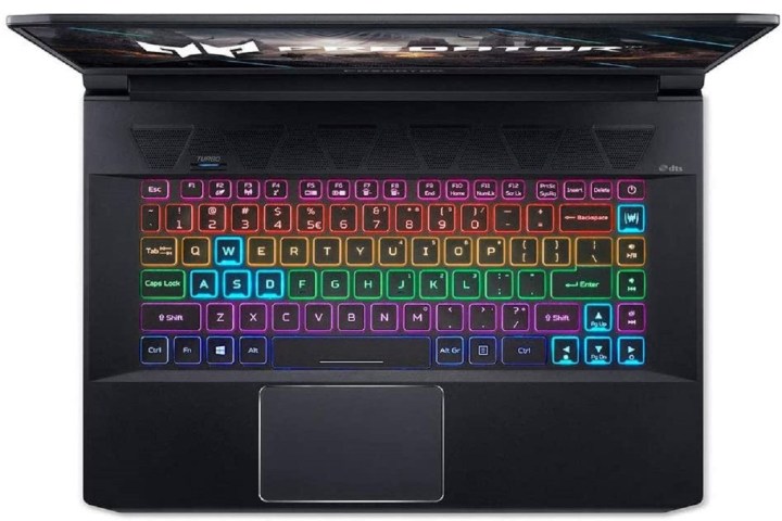 Bird's eye view of Acer Predator gaming laptop's colorful keyboard.