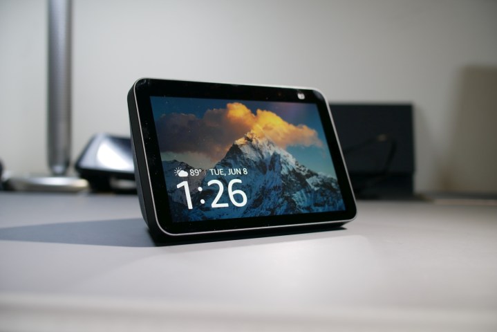 The 2021 Amazon Echo Show 8 in an angled view.