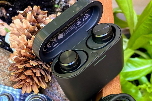 Bowers & Wilkins PI5 true wireless earbuds in their charging case.