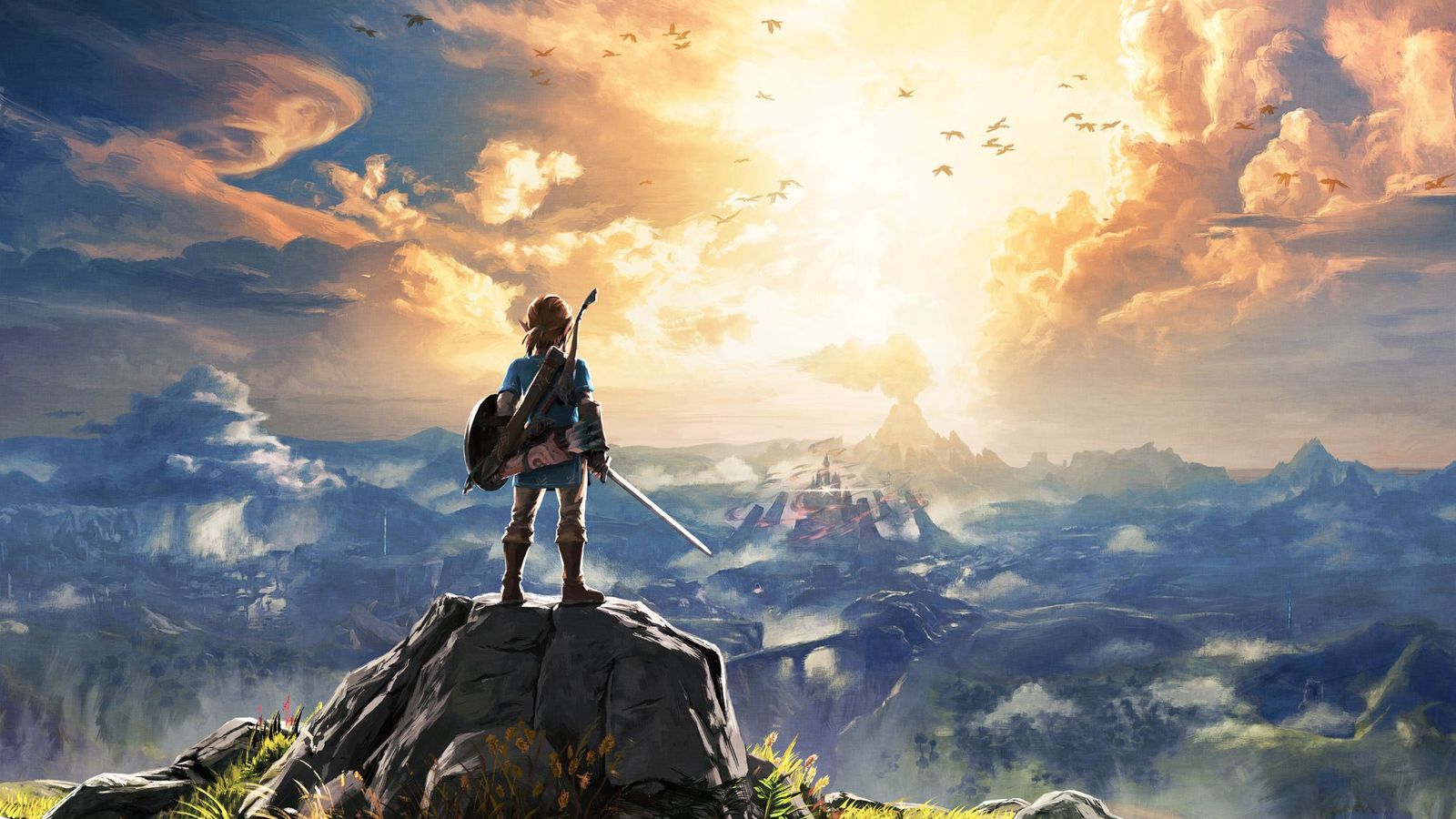 Link olha para o céu em The Legend of Zelda: Breath of the Wild.