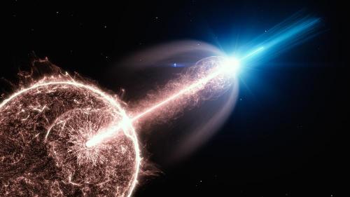 Artist's impression of a relativistic jet of a gamma-ray burst (GRB), breaking out of a collapsing star, and emitting very-high-energy photons