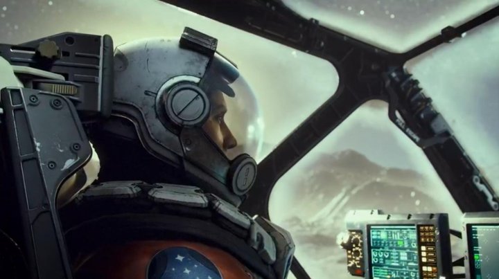 A screenshot of a pilot in a spaceship in Starfield.