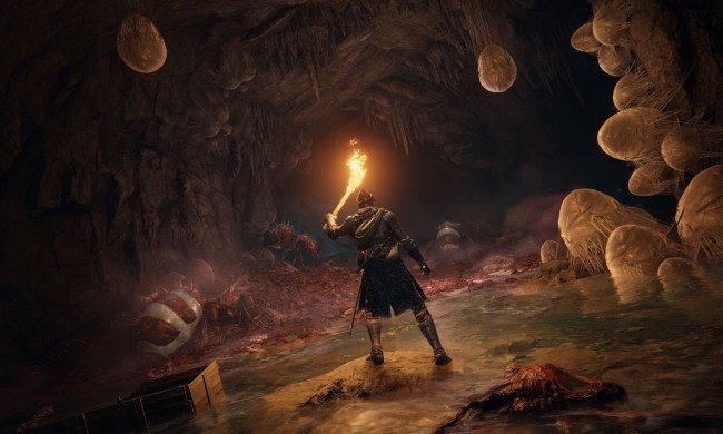 Elden Ring's hero shines a torch in a fleshy cave.