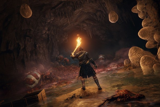 Elden Ring's hero shines a torch in a fleshy cave.