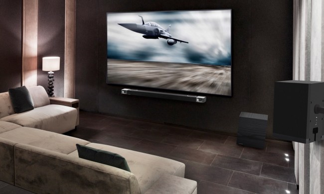 Klipsch Cinema 1200 Dolby Atmos Sound Bar in a home theater room.
