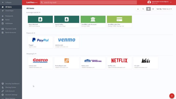 The LastPass vault is displayed in a browser.