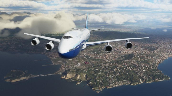 Un avión sobrevuela una ciudad en Microsoft Flight Simulator.