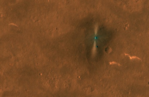 Image showing China's Zhurong Mars rover just to the south of the lander.
