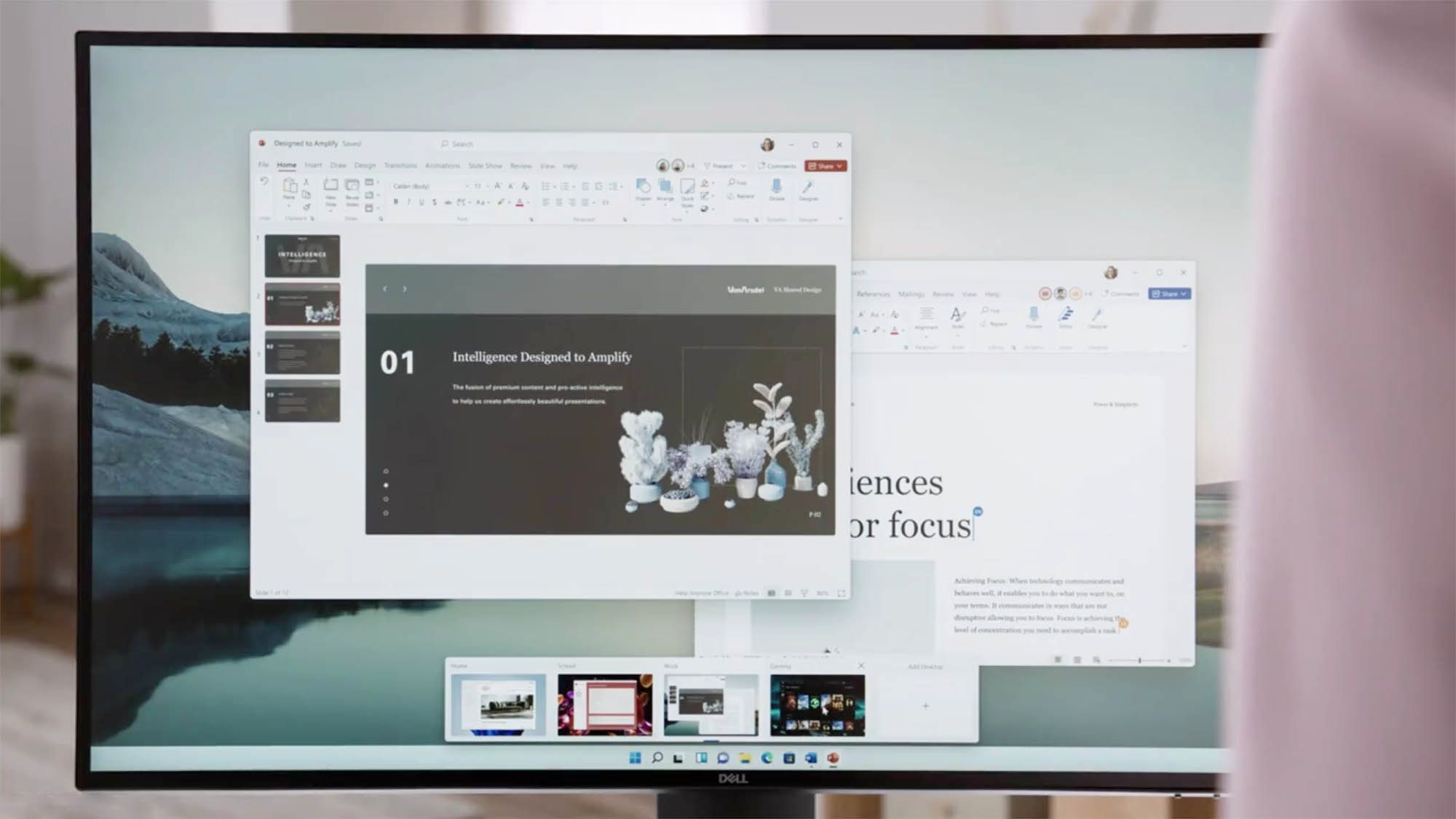 Um monitor Dell apresentando os novos desktops personalizados no Windows 11.