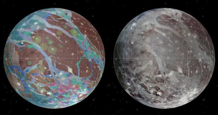 Left to right: The mosaic and geologic maps of Jupiter’s moon Ganymede were assembled incorporating the best available imagery from NASA’s Voyager 1 and 2 spacecraft and NASA’s Galileo spacecraft.