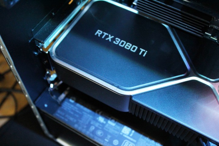 A closeup of Nvidia's RTX 3080 Ti graphics card.