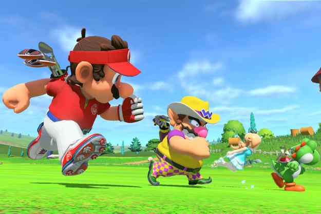 Mario, Wario, and Rosalina run in Mario Golf: Super Rush.
