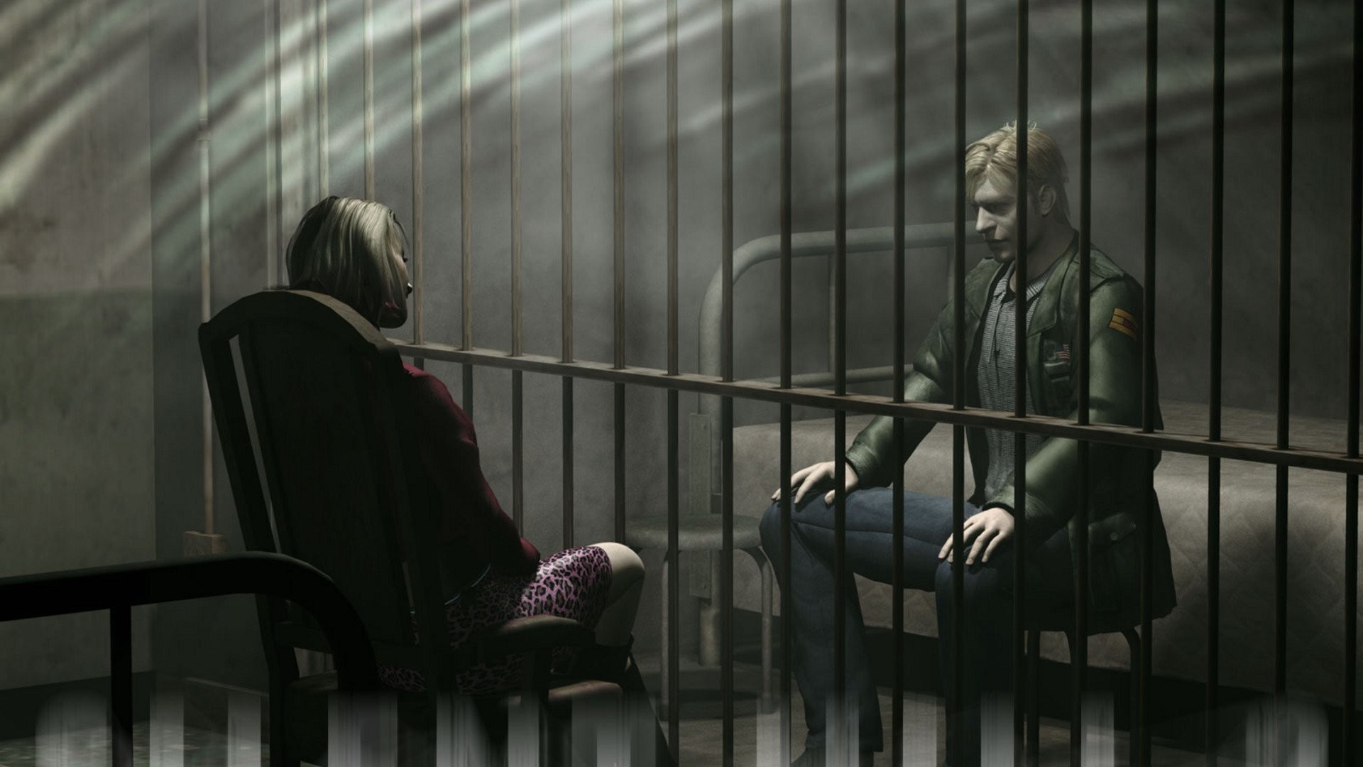 Dos personajes charlan tras las rejas en Silent Hill 2.
