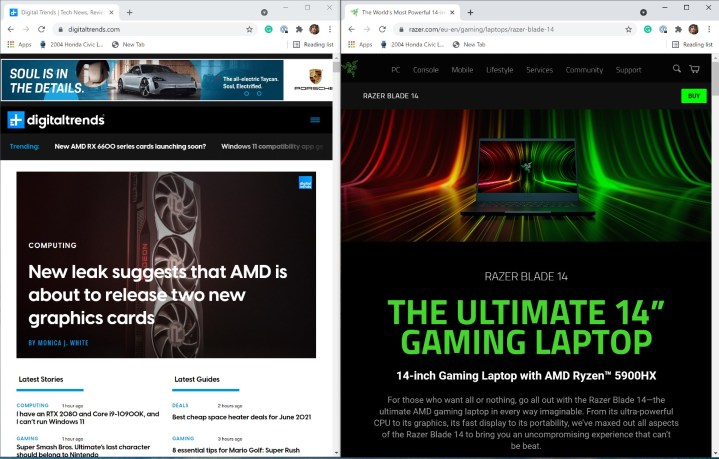 A completed split screen on a Chromebook featuring two browser windows side by side.