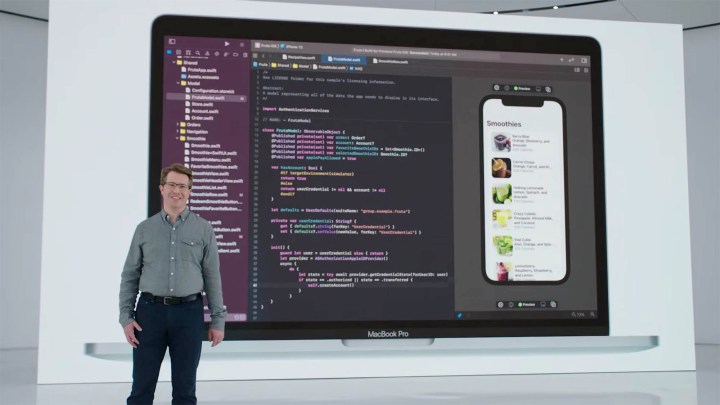 Una diapositiva de Xcode ejecutándose en MacOS Monterey en el evento WWDC 2021 de Apple