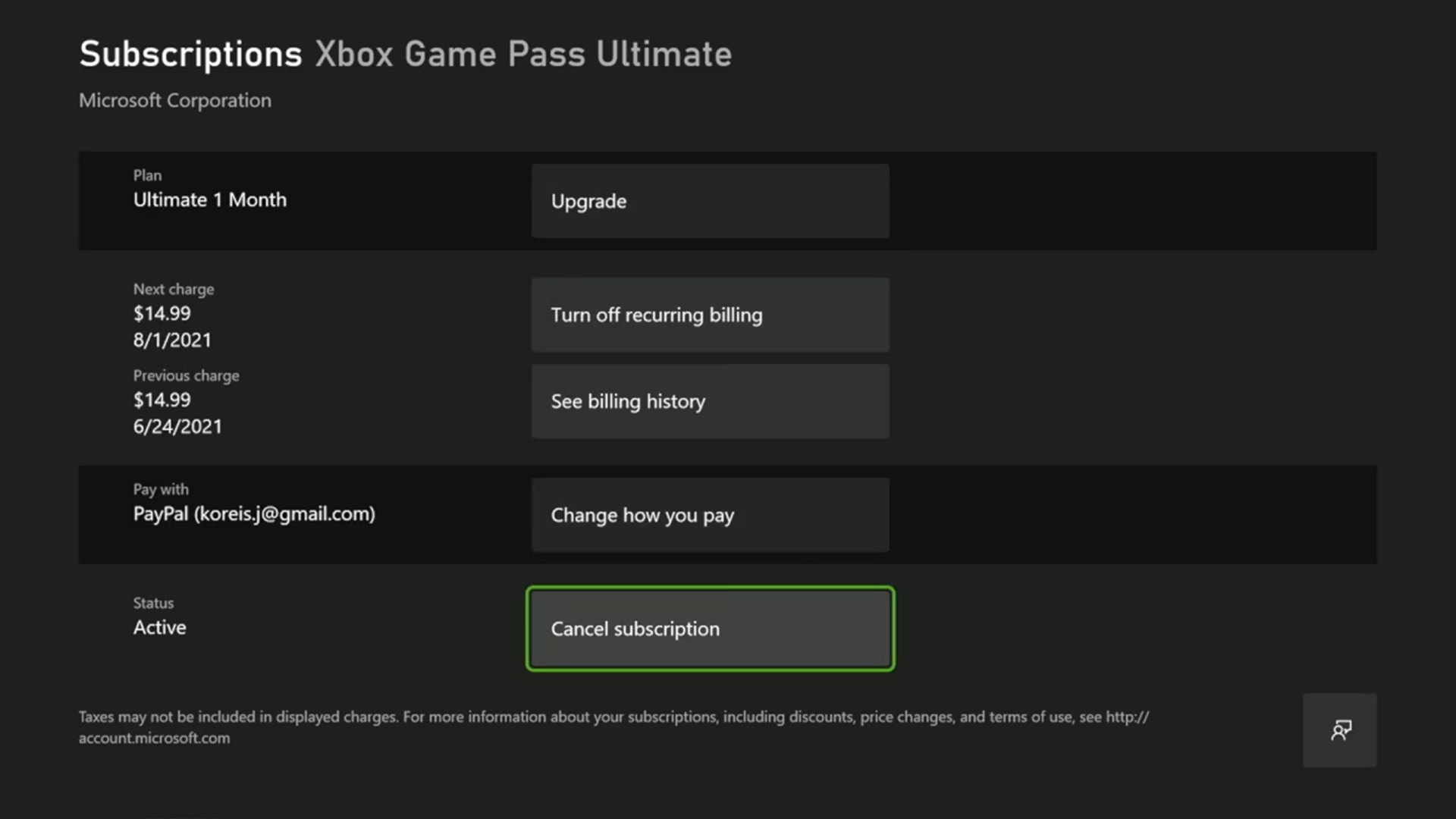 Cancelar opção de assinatura no menu Xbox.