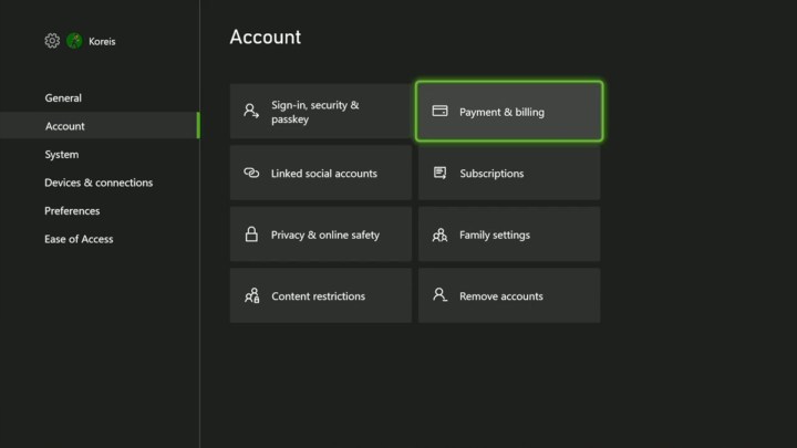 Payment and billing menu in Xbox.
