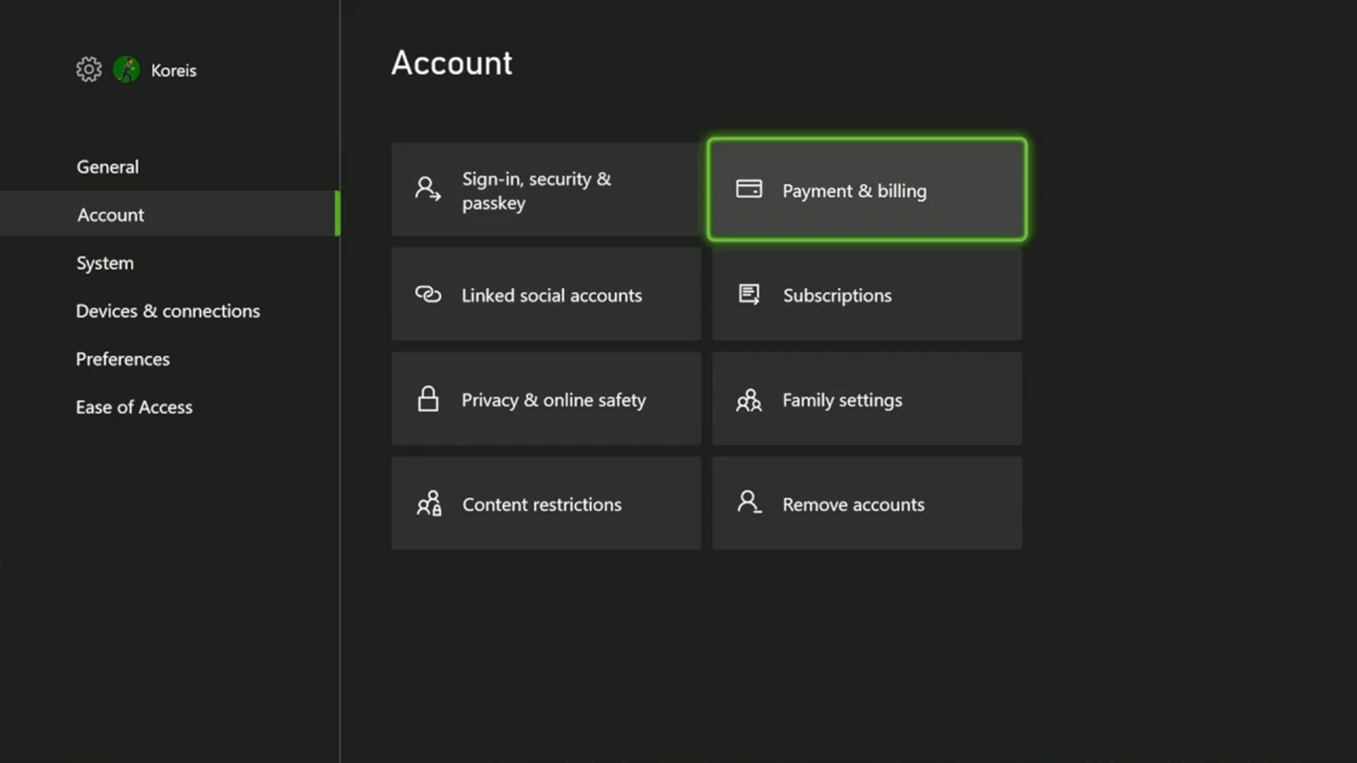 Menú de pago y facturación en Xbox.