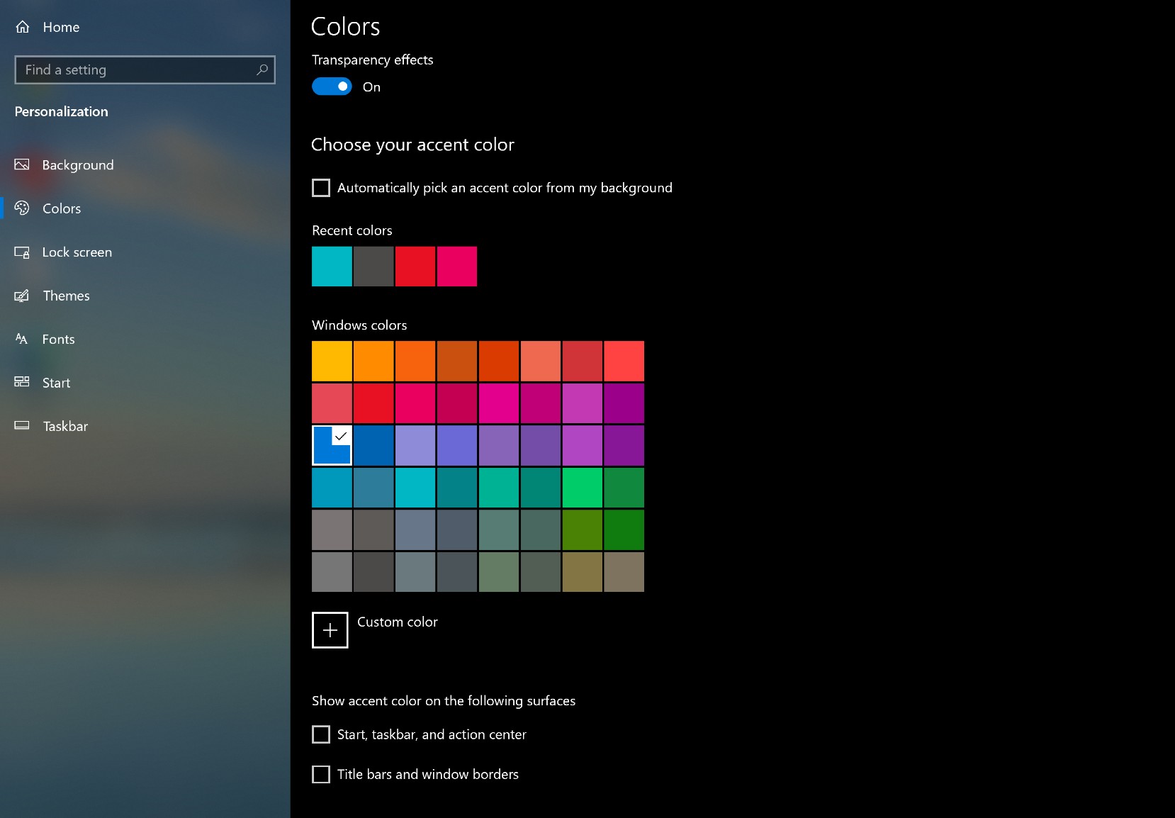 Windows 10 Start Menu choosing color accents.