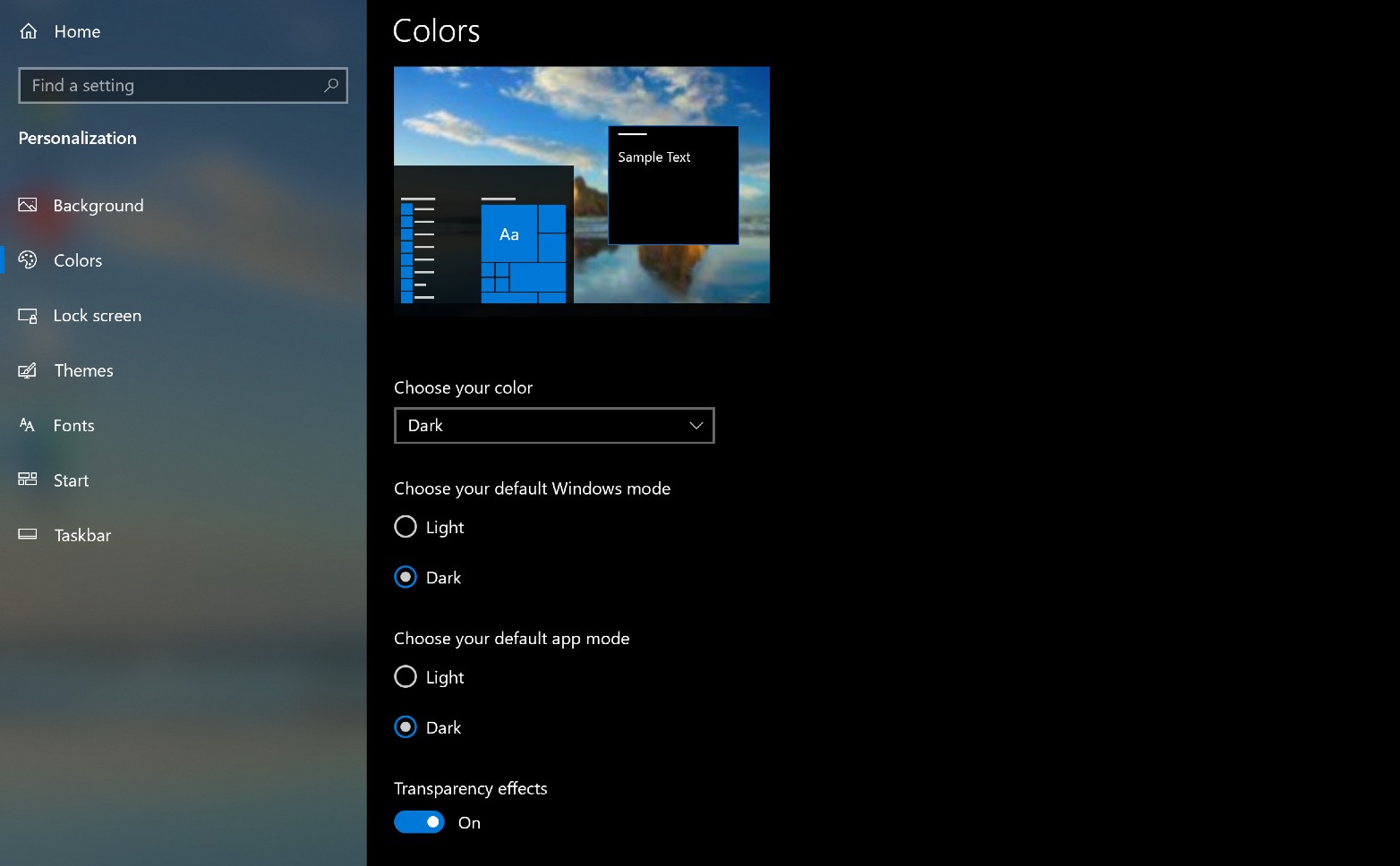 Windows 10 Start Menu Choosing Light and Dark modes.