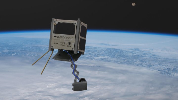 WISA Woodsat is a 10x10x10 cm ‘CubeSat’ – a type of nanosatellite built up from standardised boxes – but with surface panels made from plywood. Woodsat’s only non-wooden external parts are corner aluminium rails used for its deployment into space plus a metal selfie stick.