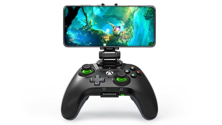 An Xbox game playing on a smartphone with an Xbox controller.