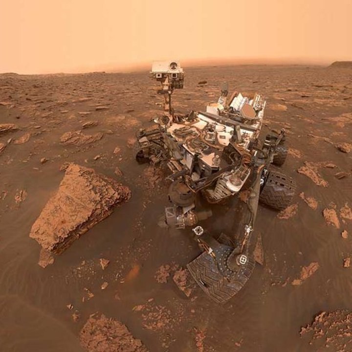 A self-portrait of NASA's Curiosity rover taken on Sol 2082. A Martian dust storm has reduced sunlight and visibility at the rover's location in Gale Crater.