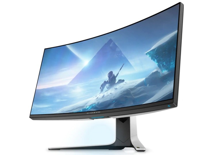 A curved gaming monitor from Alienware with stand.