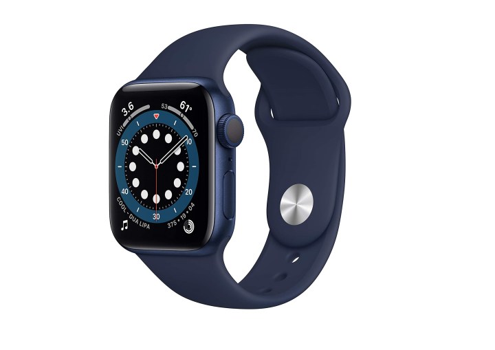 The Apple Watch Series 6 with a blue aluminum case and a deep navy sport band.