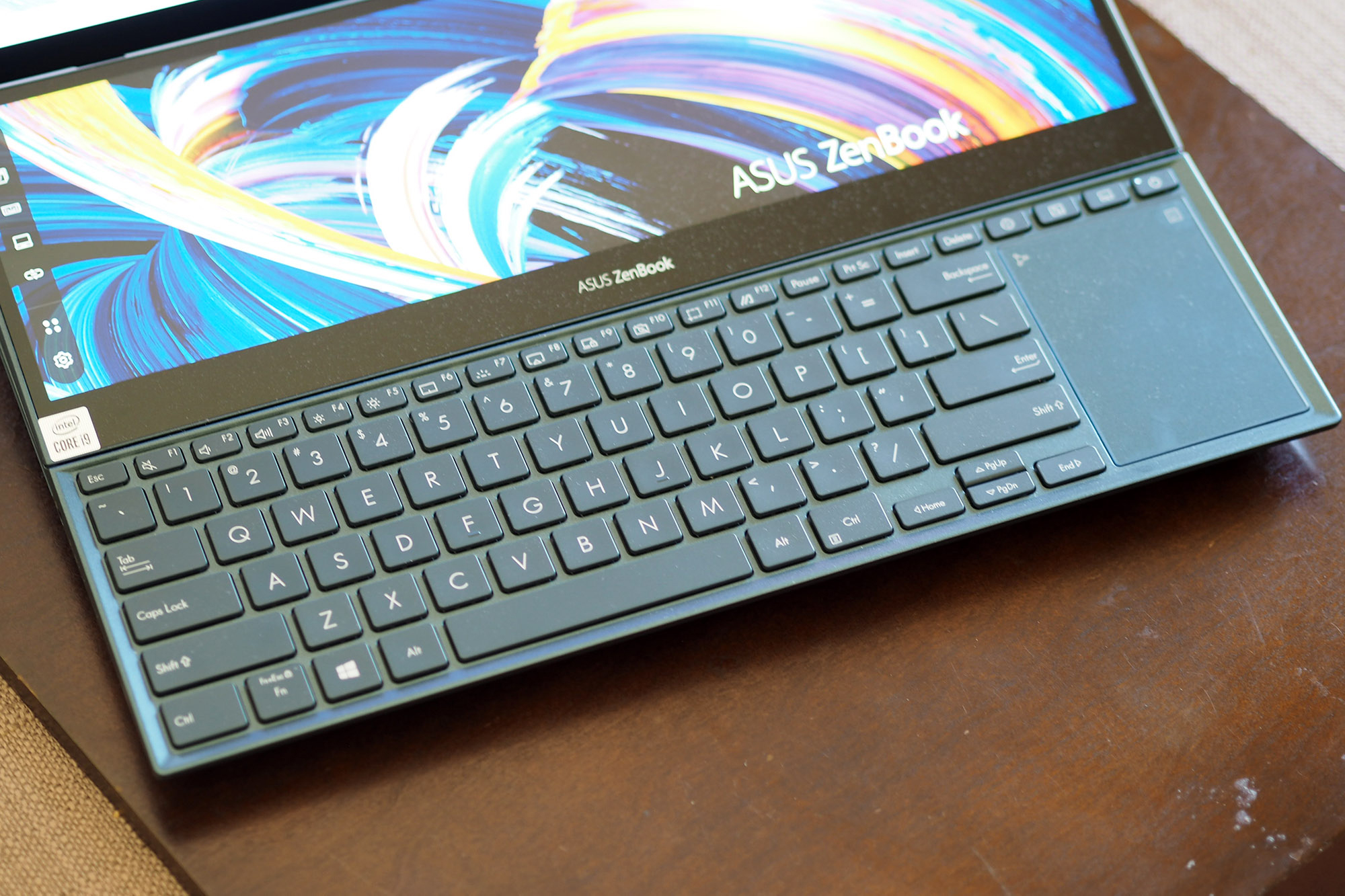Close up on Asus ZenBook Pro Duo 15's keyboard.