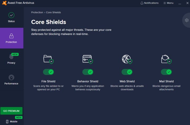 Avast Free Antivirus desktop app screenshot showing status screen of Core Shields protection features.