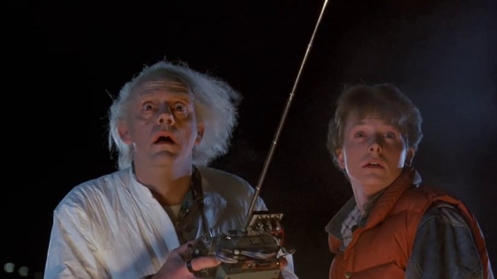 Doc and Marty in a scene from Back to the Future.