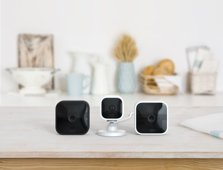 Blink Home System security cameras on a kitchen counter.