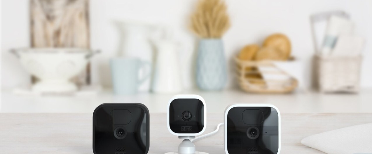 Blink Home System security cameras on a kitchen counter.