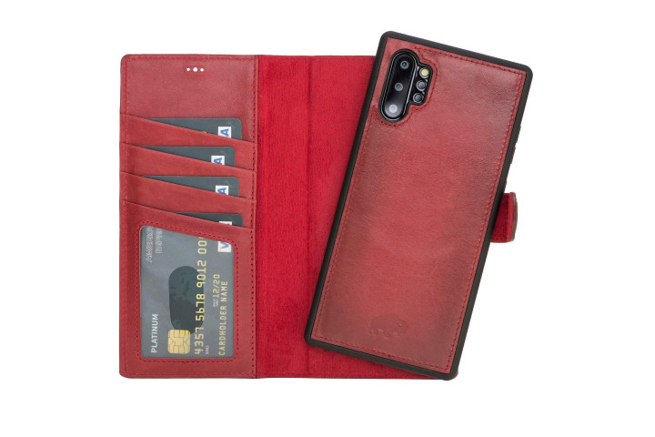 Burkley Case Magnetic Detachable 2-in-1 Wallet Case for the Samsung Galaxy Note 10 Plus in red leather.