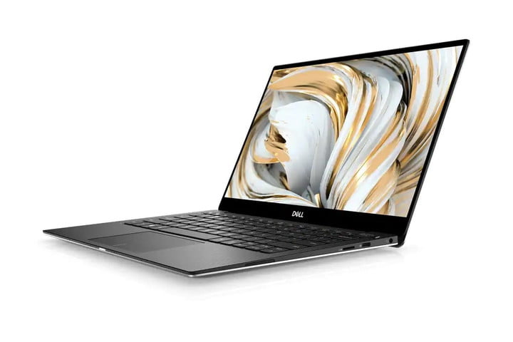 Um laptop Dell XPS 13 fica aberto em um fundo branco.
