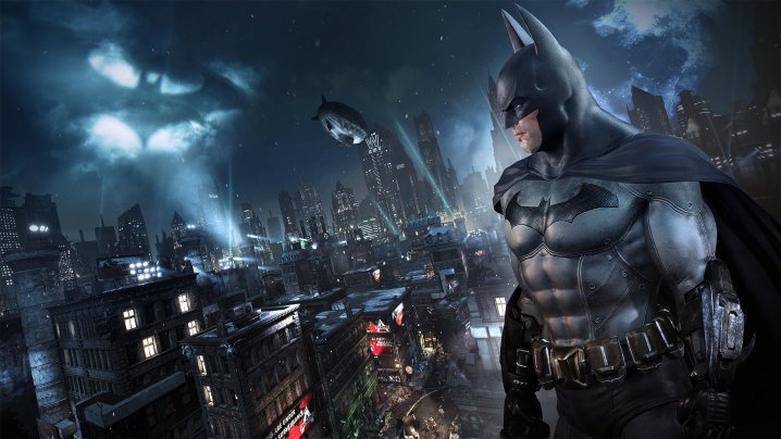 Batman overlooking city in Batman: Arkham Asylum.