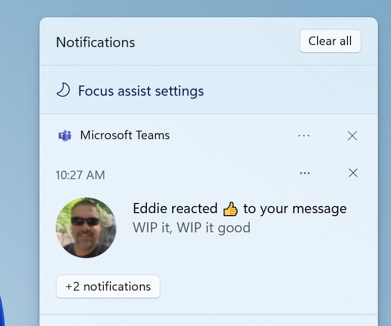 The new focus assist option in the notification center.
