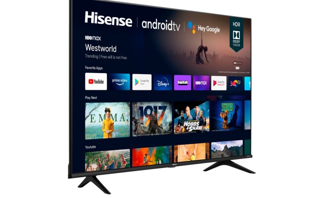 The 70-inch Hisense 70A6G 4K TV with the Android TV home screen on the display.