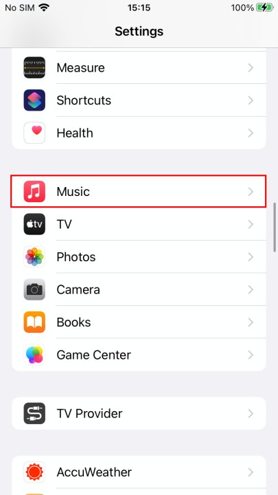 iOS 15's Settings menu. Music is highlighted in red.