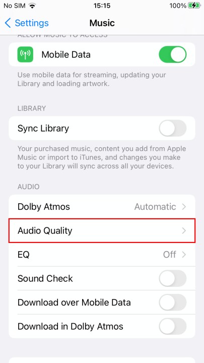 The iOS 15 Settings menu for Music. Audio Quality is highlighted in red.
