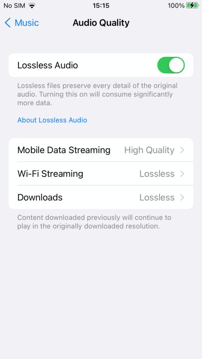 The iOS 15 settings menu for Audio Quality. Lossless Audio is switched on.