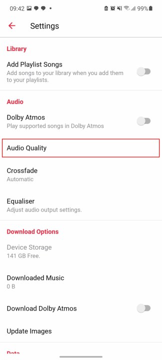 Il menu Impostazioni per l'app Apple Music per Android.  Il pulsante Qualità audio è evidenziato in rosso.