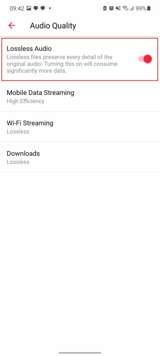 Il menu Qualità audio per l'app Apple Music per Android.  Il pulsante Lossless Audio è evidenziato in rosso.