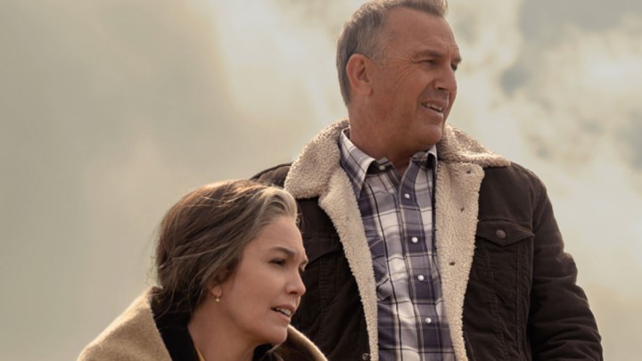 Diane Lane and Kevin Costner as Margaret and George Blackledge looking to the distance in the film Let Him Go.