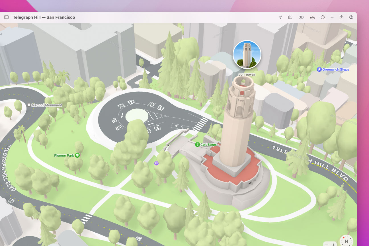 The Coit Tower in Apple Maps, shown in Apple's MacOS Monterey public beta