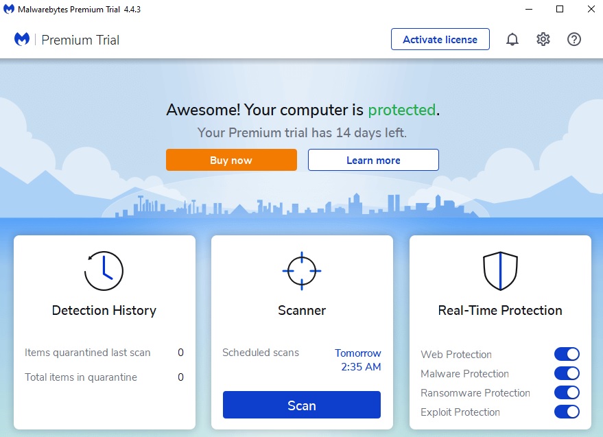 Malwarebytes desktop app screenshot showing free version of antivirus app featuring 14-day free trial of Premium version of Malwarebytes.