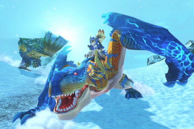 A rider rides a Tigrex in Monster Hunter Stories 2.