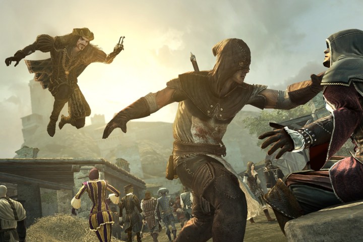 An assassin jumps in the air and is about to kill another player.