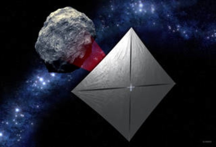 NEA Scout with the solar sail deployed as it flies by its asteroid destination.
